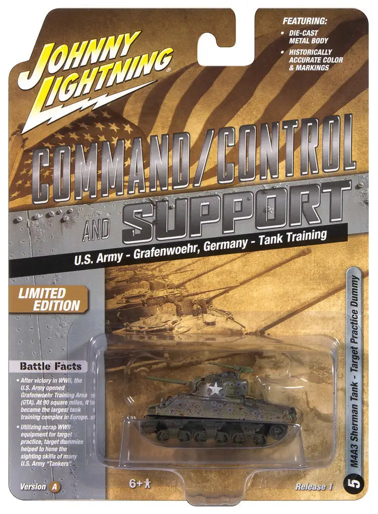 Toy tank in packaging for Johnny Lightning Military M4A3 Sherman Tank Target Practice Dummy