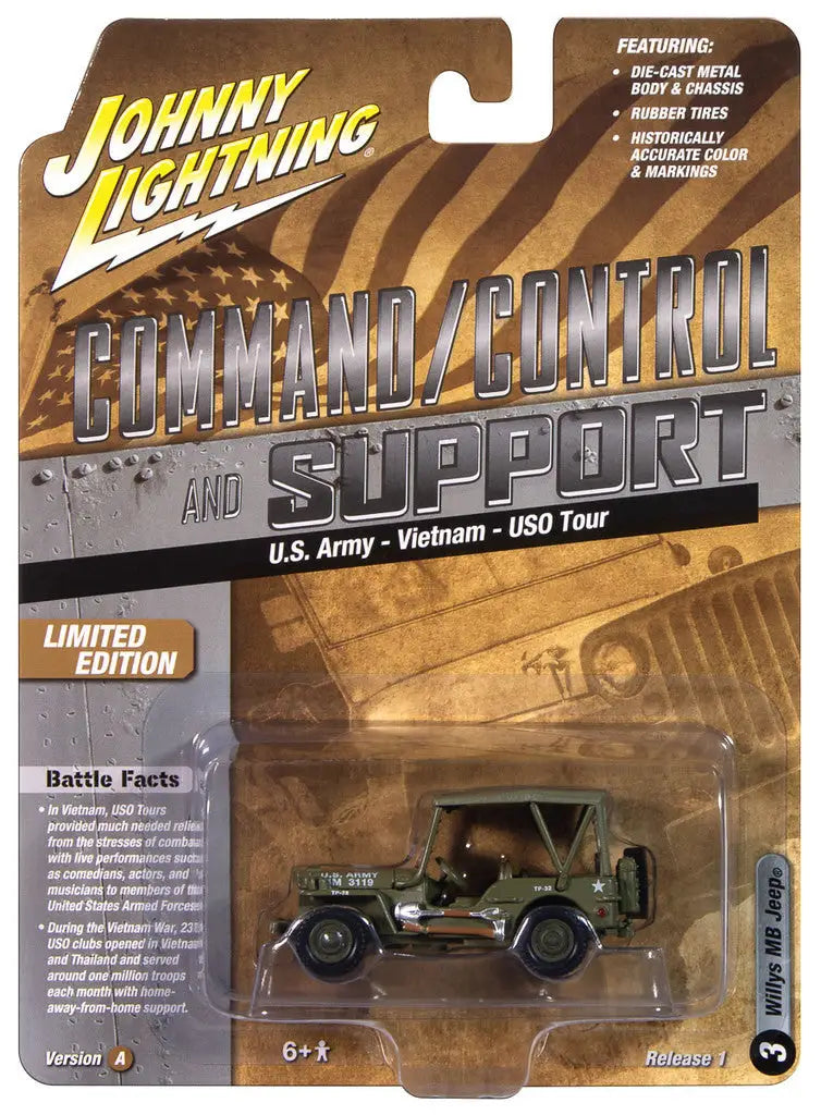 Johnny Lightning Military Jeep toy in packaging from Command/Control & Support collection