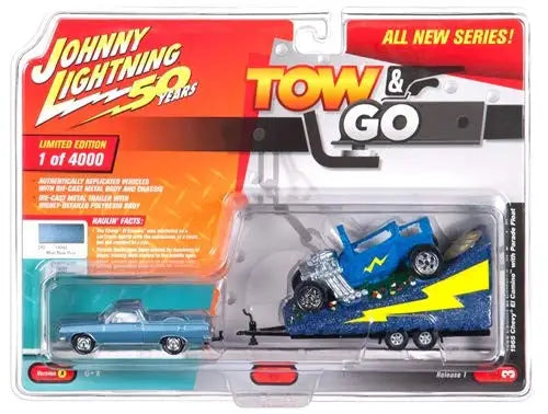 Toy car set with Johnny Lightning Tow 1965 Chevy El Camino towing parade float with blue motorcycle