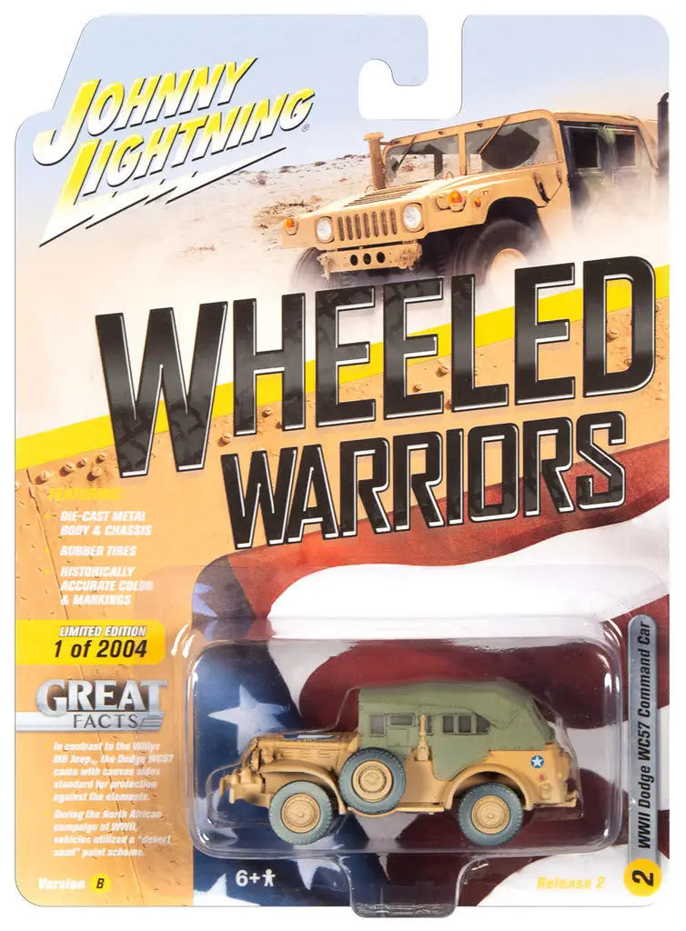 Die-cast Johnny Lightning Wheeled Warriors WWII Dodge WC57 Command Car in packaging