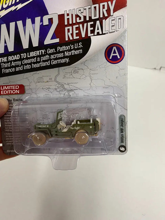 Johnny Lightning WW2 History Revealed Willys MB Jeep in olive green packaging