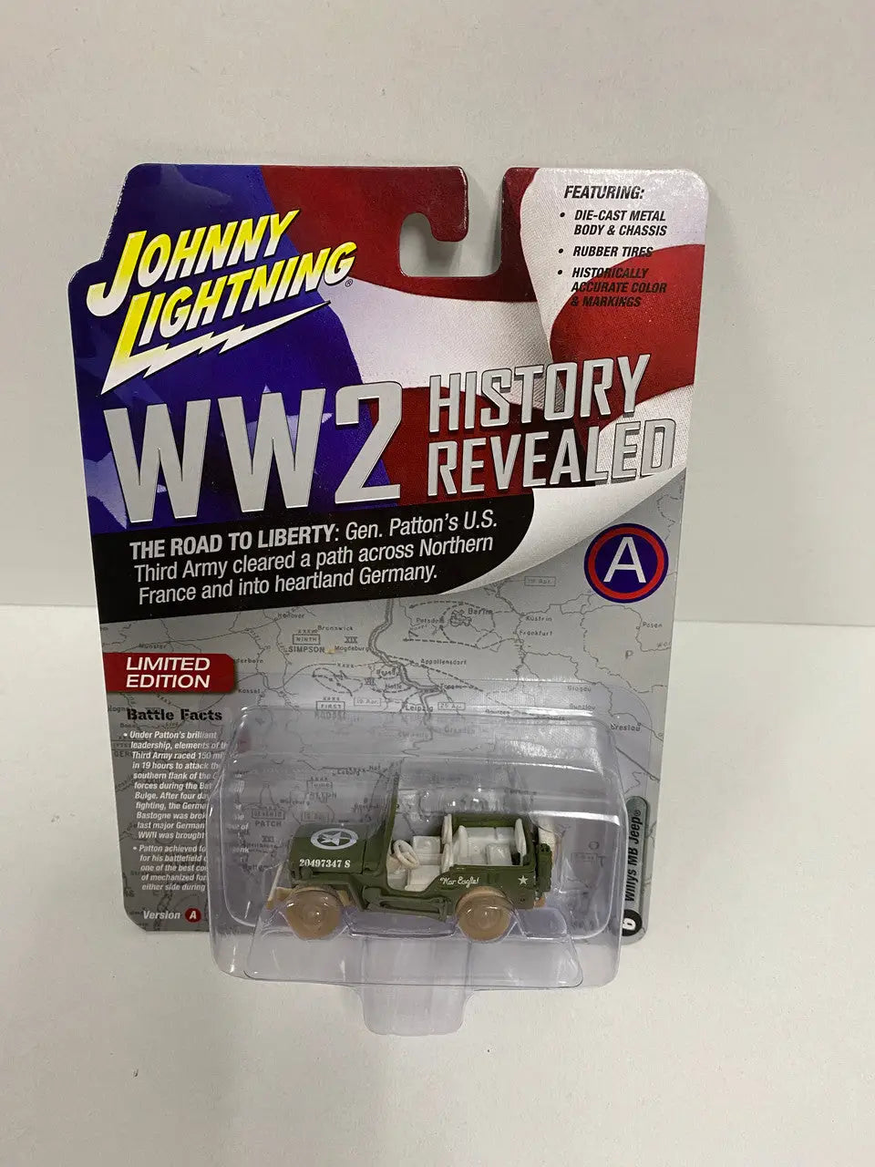 Johnny Lightning WW2 History Revealed die-cast Willys MB Jeep CHASE in packaging