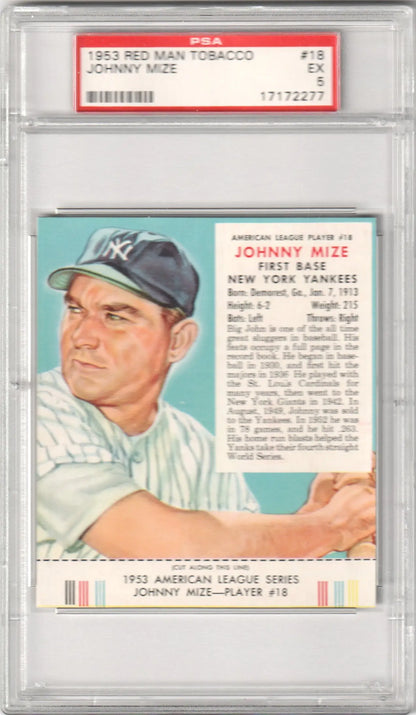 PSA 5 Johnny Mize 1953 Red Man Tobacco card featuring Yankees player in white uniform