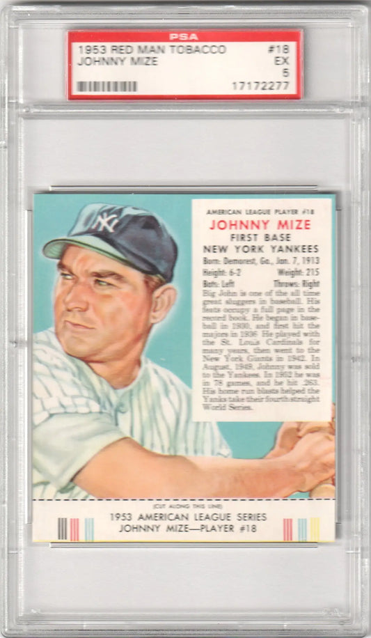 PSA 5 Johnny Mize 1953 Red Man Tobacco card featuring Yankees player in white uniform