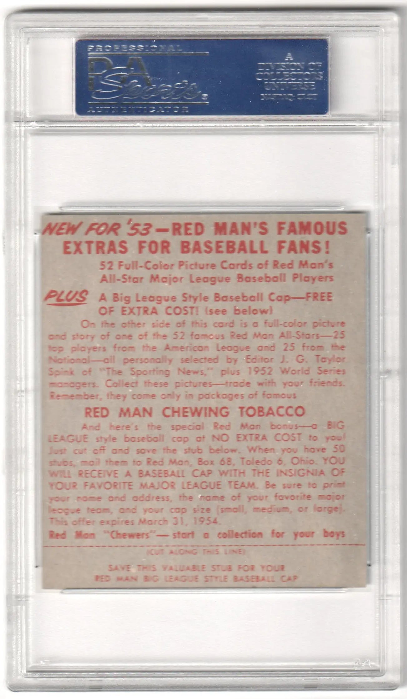 Vintage Red Man Tobacco baseball card of Johnny Mize in protective holder at Columbia Hobby