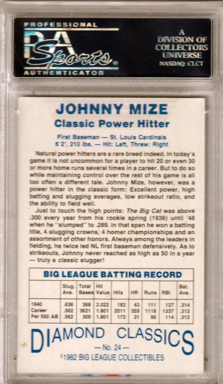 Johnny Mize 1982 Big League Collect Autograph Auto #24 Baseball Trading Card with Stats