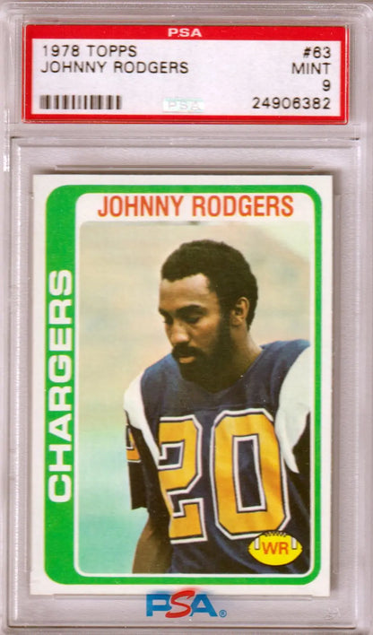 PSA 9 Mint 1978 Topps Johnny Rodgers Chargers trading card #63 in pristine condition