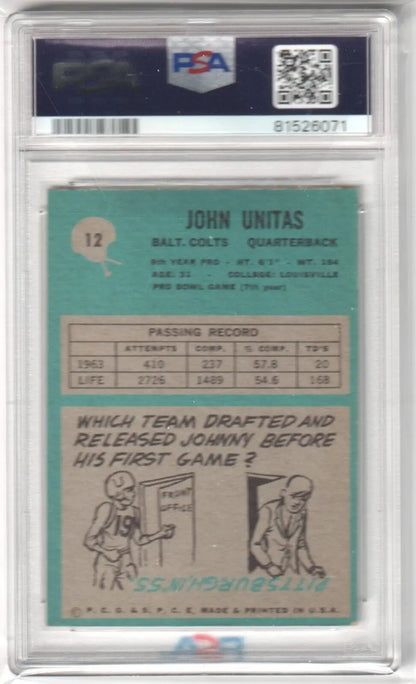 PSA-graded Johnny Unitas 1964 football card with trivia on turquoise, Columbia Hobby