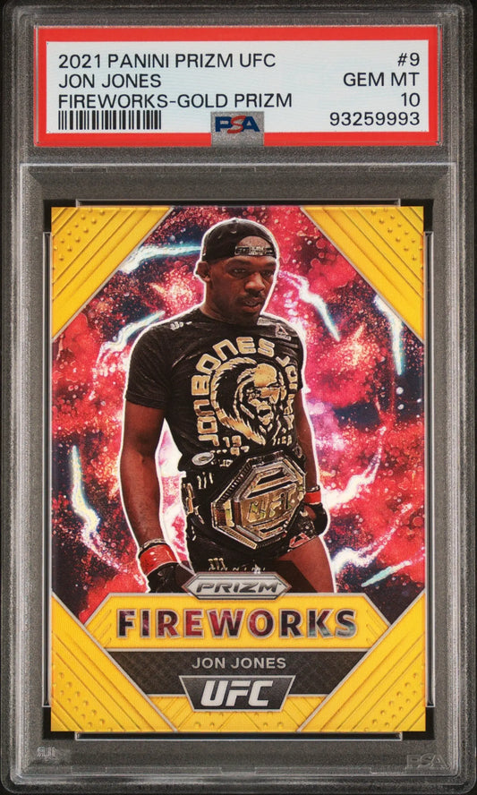 PSA-graded 2021 Panini Prizm UFC Fireworks Gold Prizm trading card Jon Jones 10/10 Gem Mint