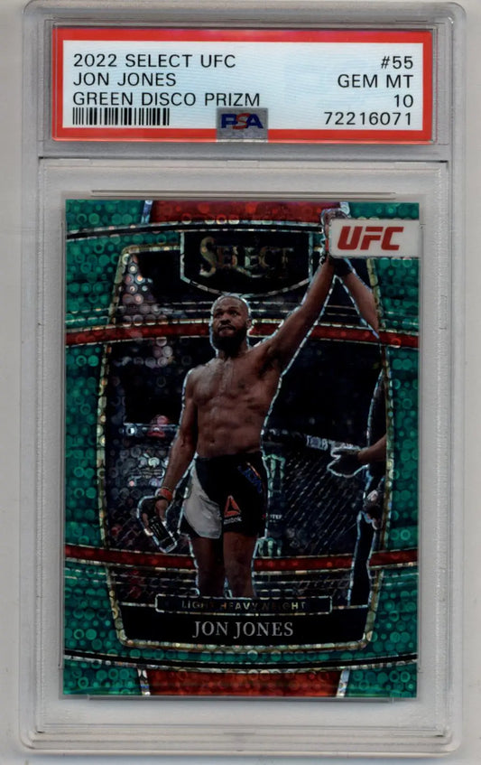 PSA-graded 2022 Select UFC Jon Jones Green Disco trading card with cracked ice design