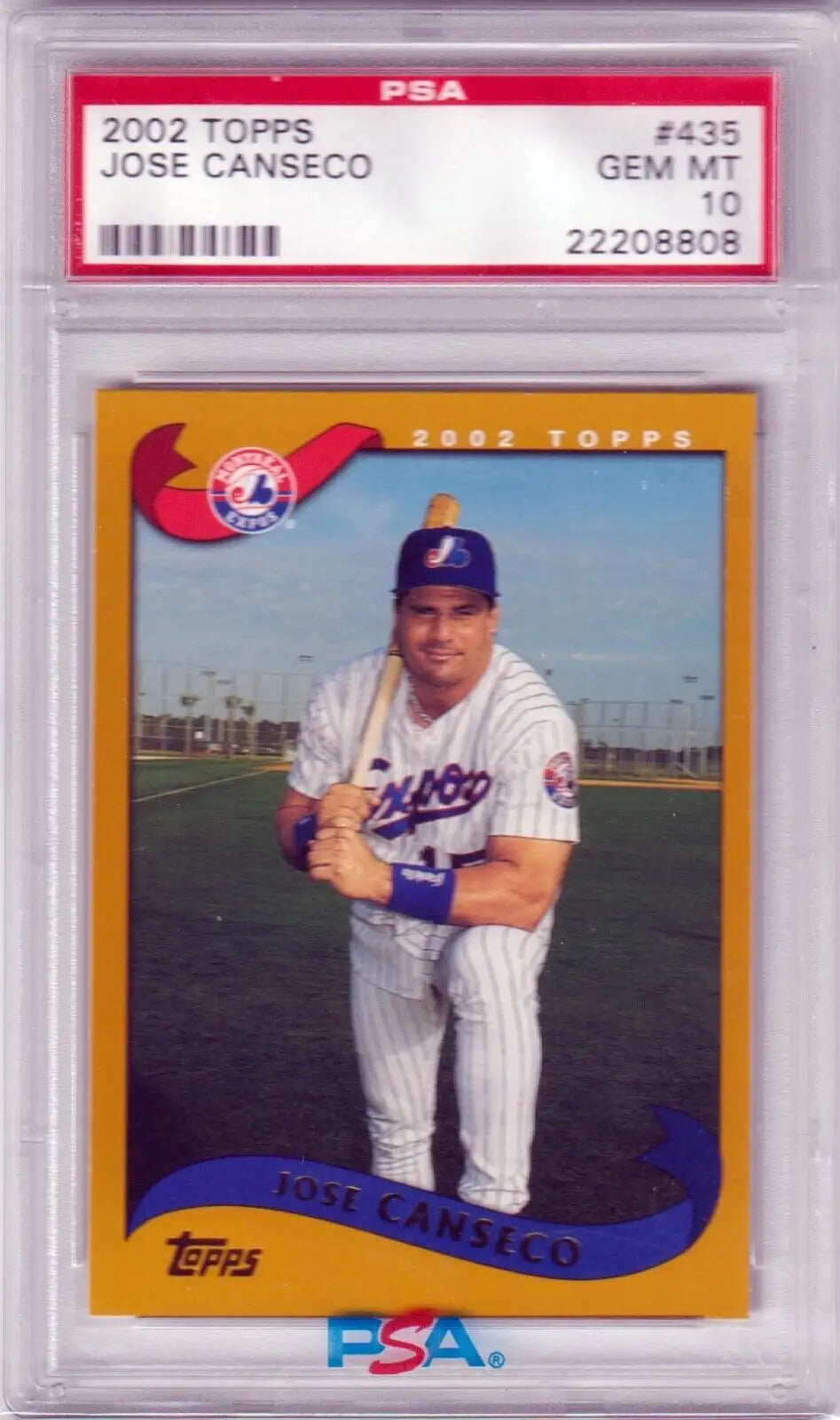 PSA-graded 2002 Topps single card of Montreal Expos player with white pinstripes