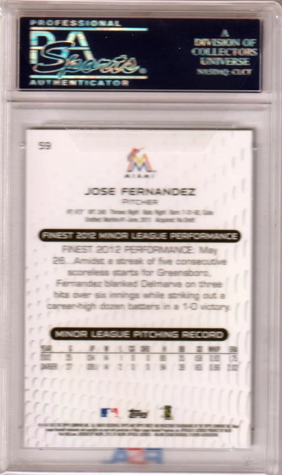 PSA graded Jose Fernandez 2013 Topps Finest RC Rookie card back with stats in case