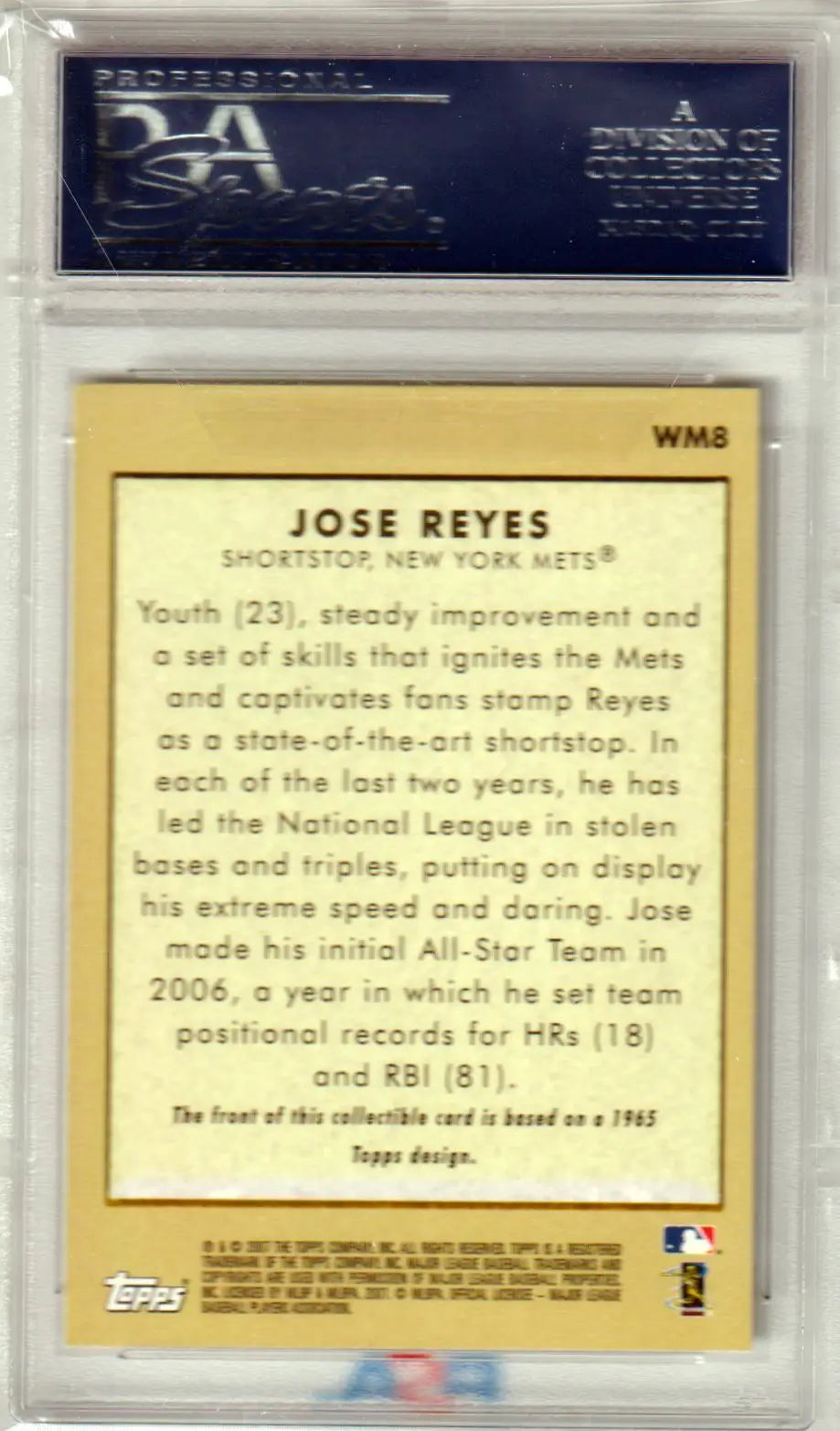 Baseball card of Jose Reyes with career stats in protective case, WM8 PSA Gem Mint