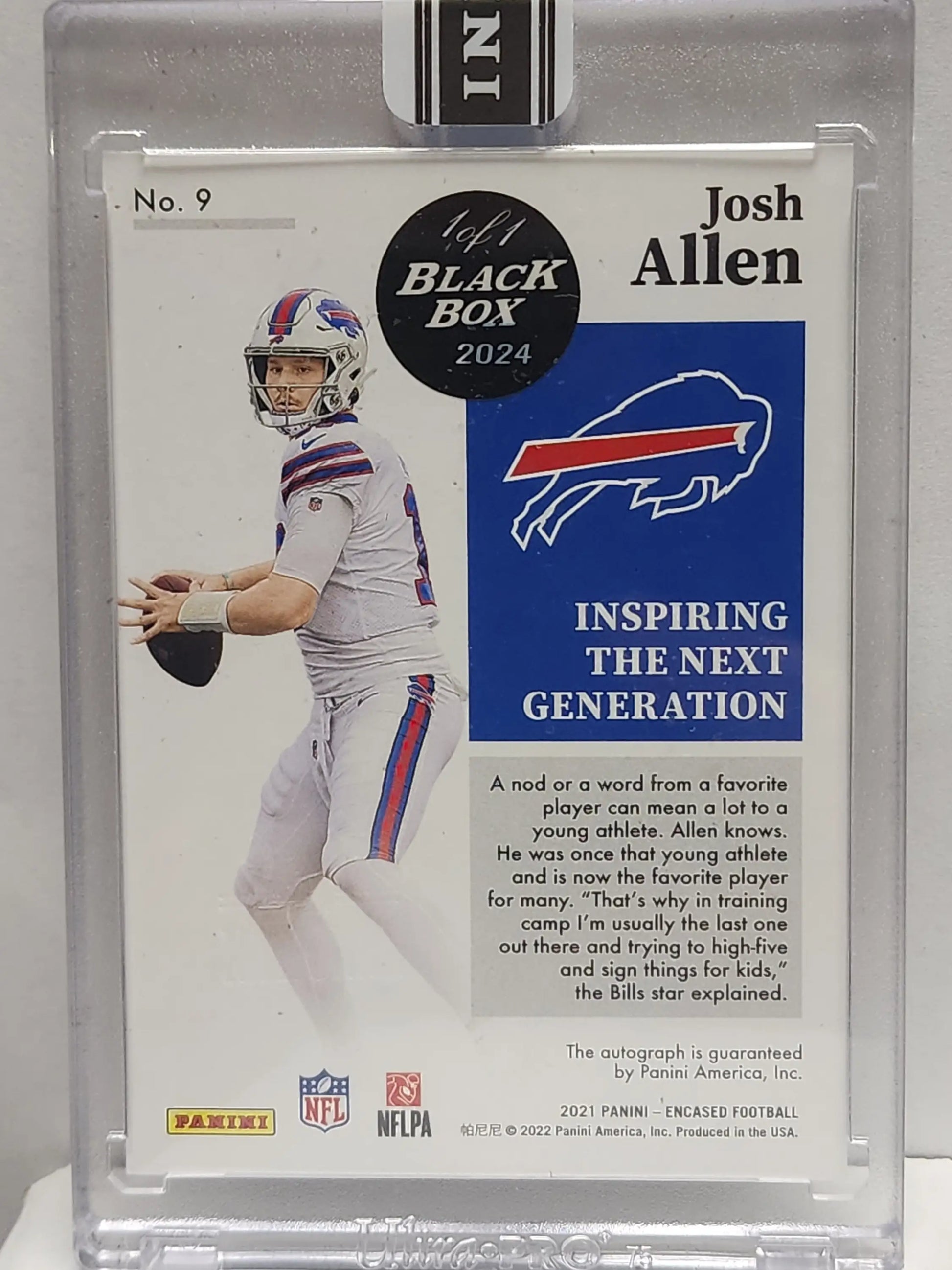 Josh Allen football trading card from Panini Encased Auto 2024 Black Box 1/1