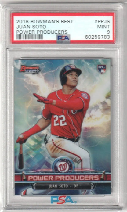 PSA-graded Juan Soto 2018 Bowman’s Best Power Producers RC Rookie single card from Columbia Hobby