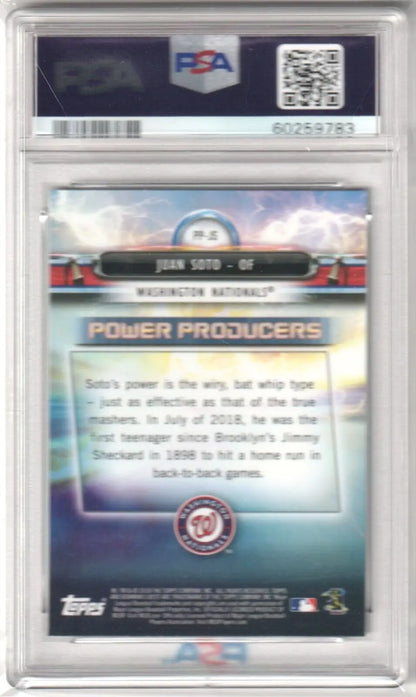 Back side of Juan Soto 2018 Bowman’s Best Power Producers RC in PSA case for single cards