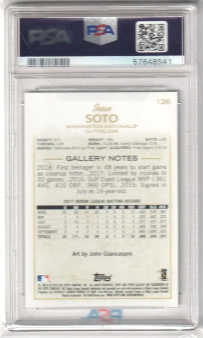 PSA-graded Juan Soto 2018 Topps Gallery RC Rookie card with detailed statistics and notes