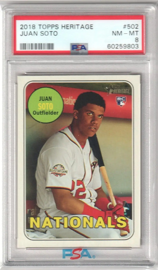 PSA-graded 2018 Topps Heritage Juan Soto Rookie card featuring Nationals player, Columbia Hobby