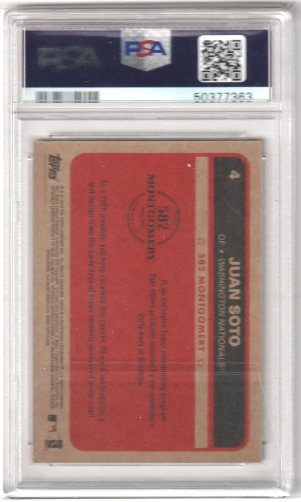 PSA-graded Juan Soto 2019-20 Topps card back in holder, perfect for single cards collectors