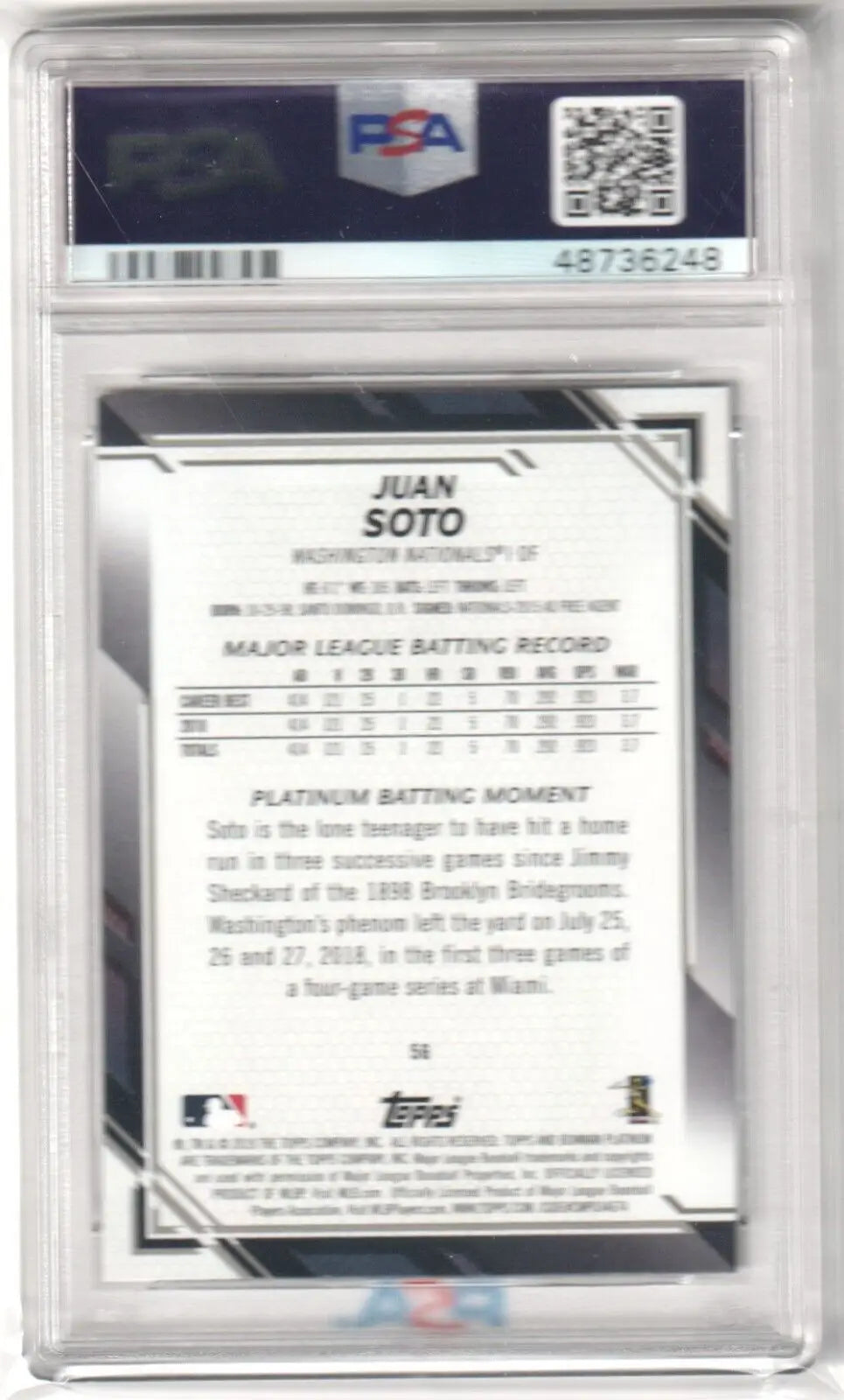 PSA-graded Juan Soto 2019 Bowman Platinum #56 baseball card with QR code for Columbia Hobby