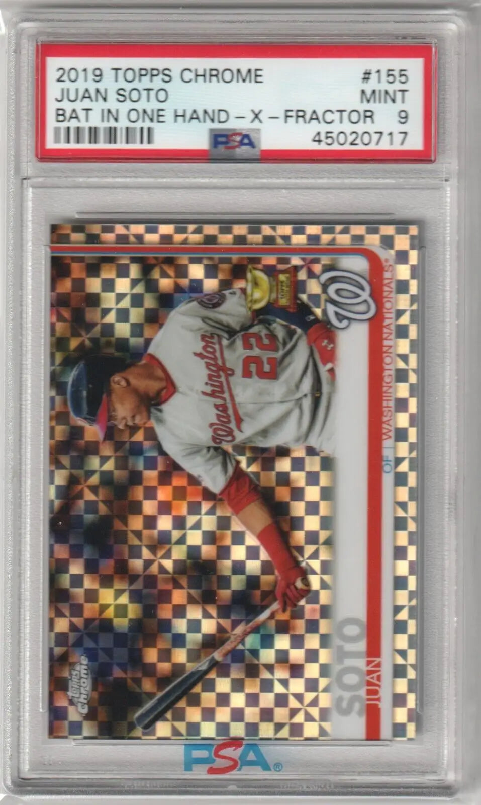 PSA-graded Juan Soto 2019 Topps Chrome X-Fractor Star Rookie card in protective case