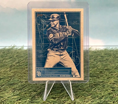 Juan Soto San Diego Padres sports trading card on a blueprint background