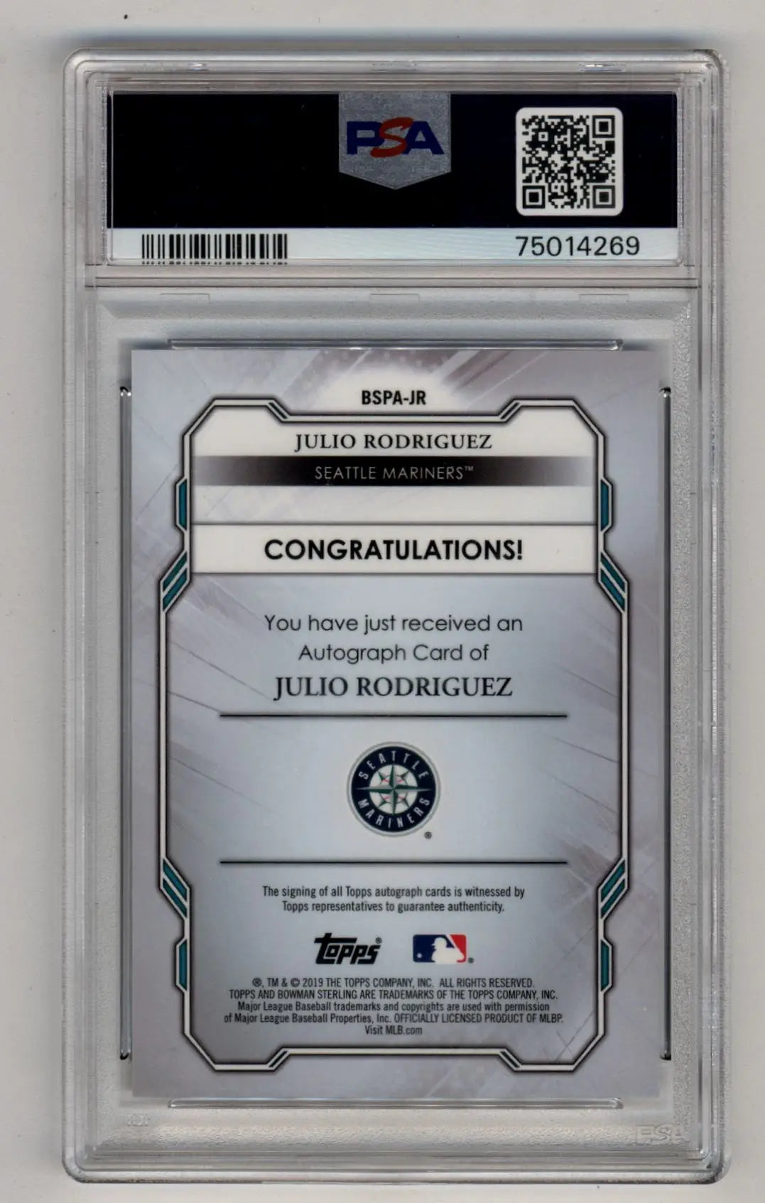 Julio Rodriguez 2019 Bowman Sterling Prospect Auto PSA 10 Gem Mint Card Display