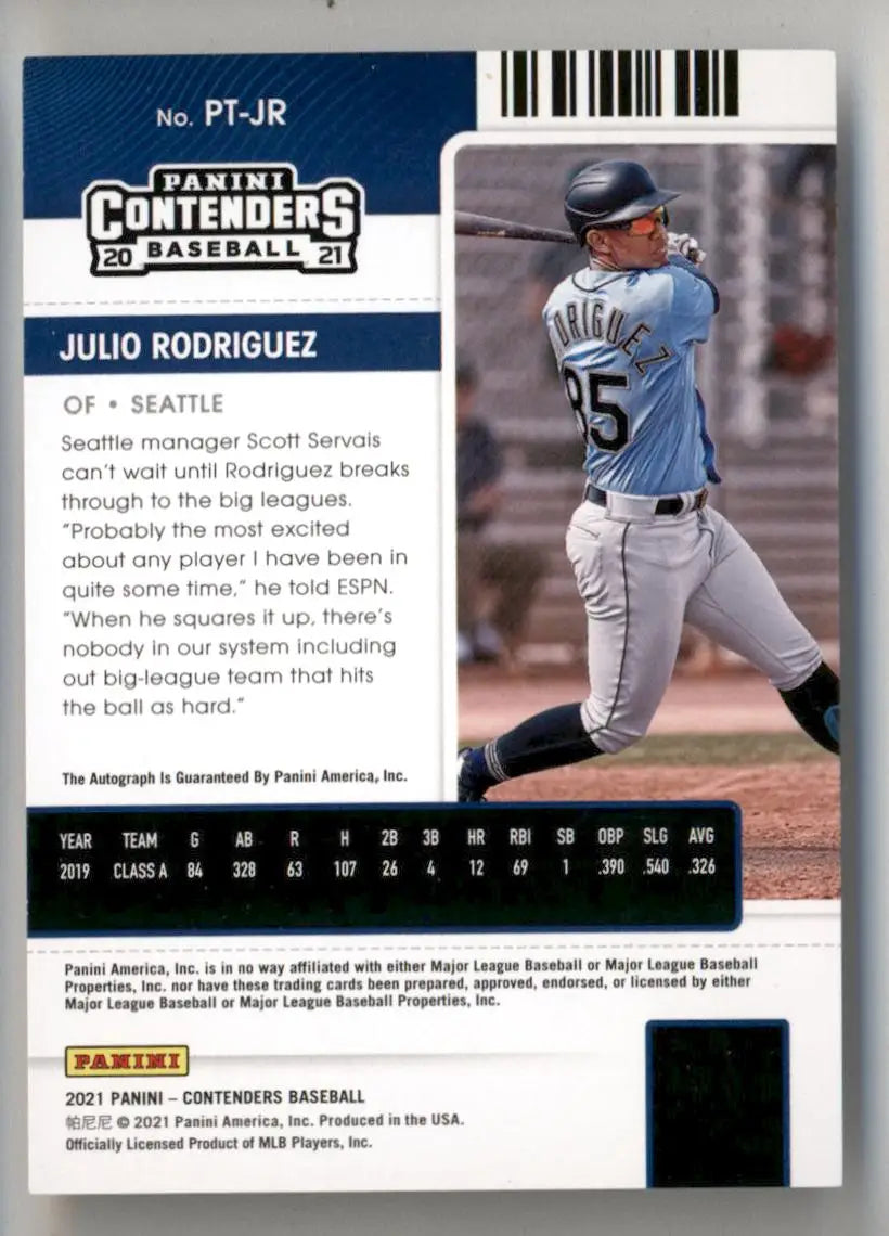 Baseball card of Julio Rodriguez swinging bat in gray uniform, Panini Contenders Prospect Ticket Auto