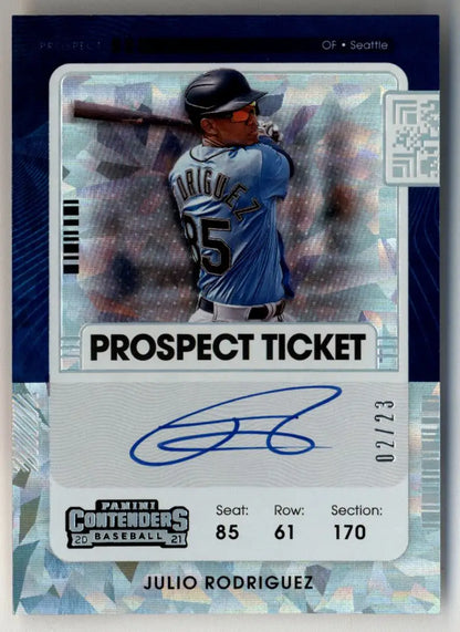 Julio Rodriguez 2021 Panini Contenders Prospect Ticket Auto with blue and silver accents