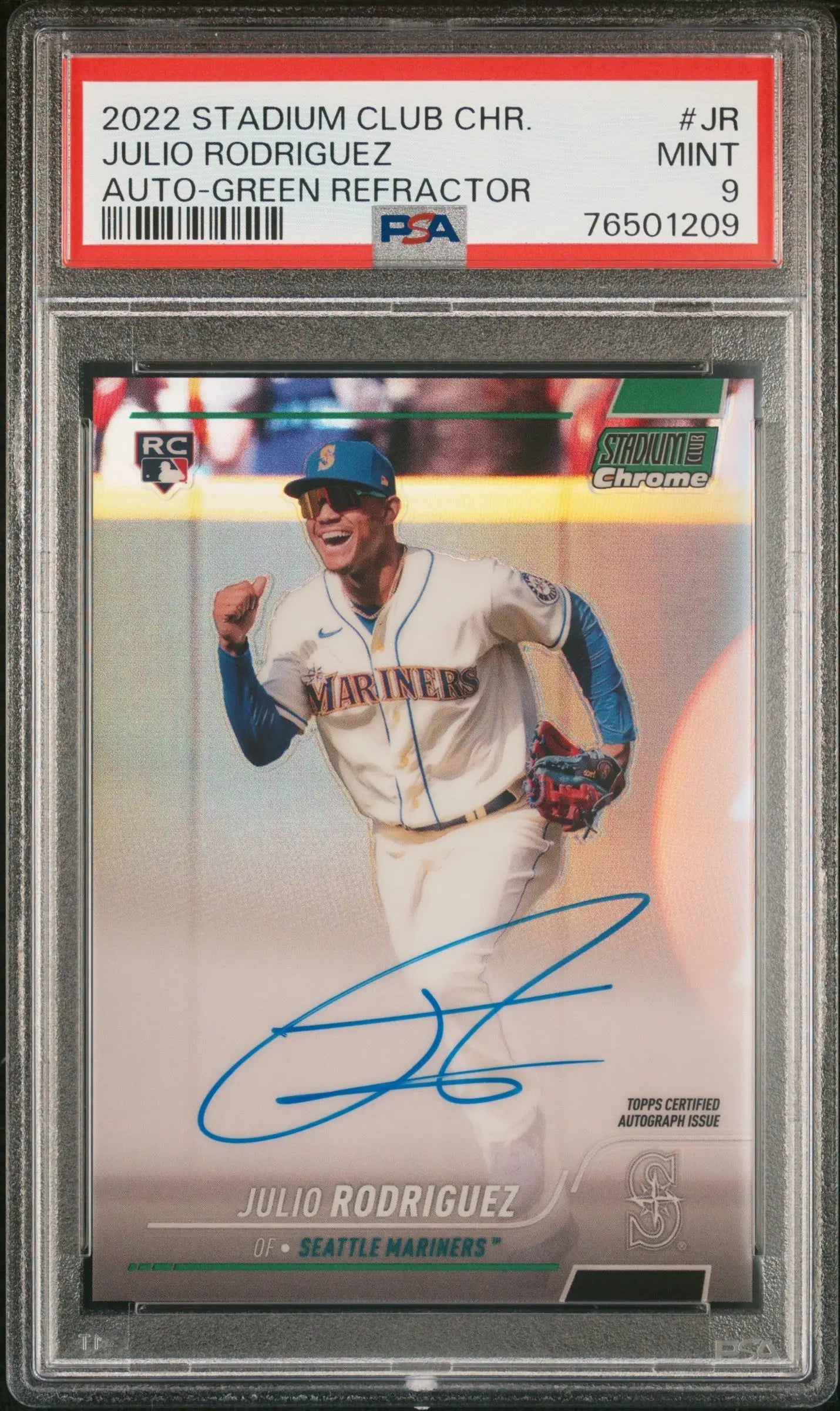 PSA-graded Julio Rodriguez 2022 Stadium Club Chrome Green Refractor Auto baseball card