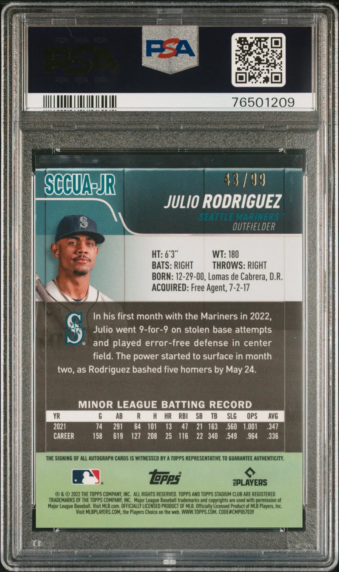 PSA-graded Julio Rodriguez 2022 Stadium Club Chrome Green Refractor Auto baseball card