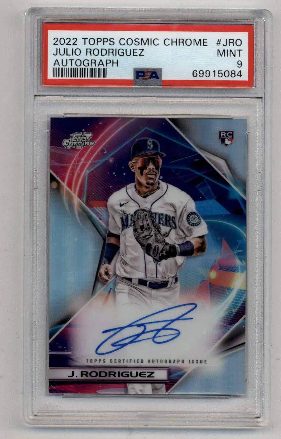 PSA-graded 2022 Topps Cosmic Chrome Auto of Julio Rodriguez in Mariners uniform