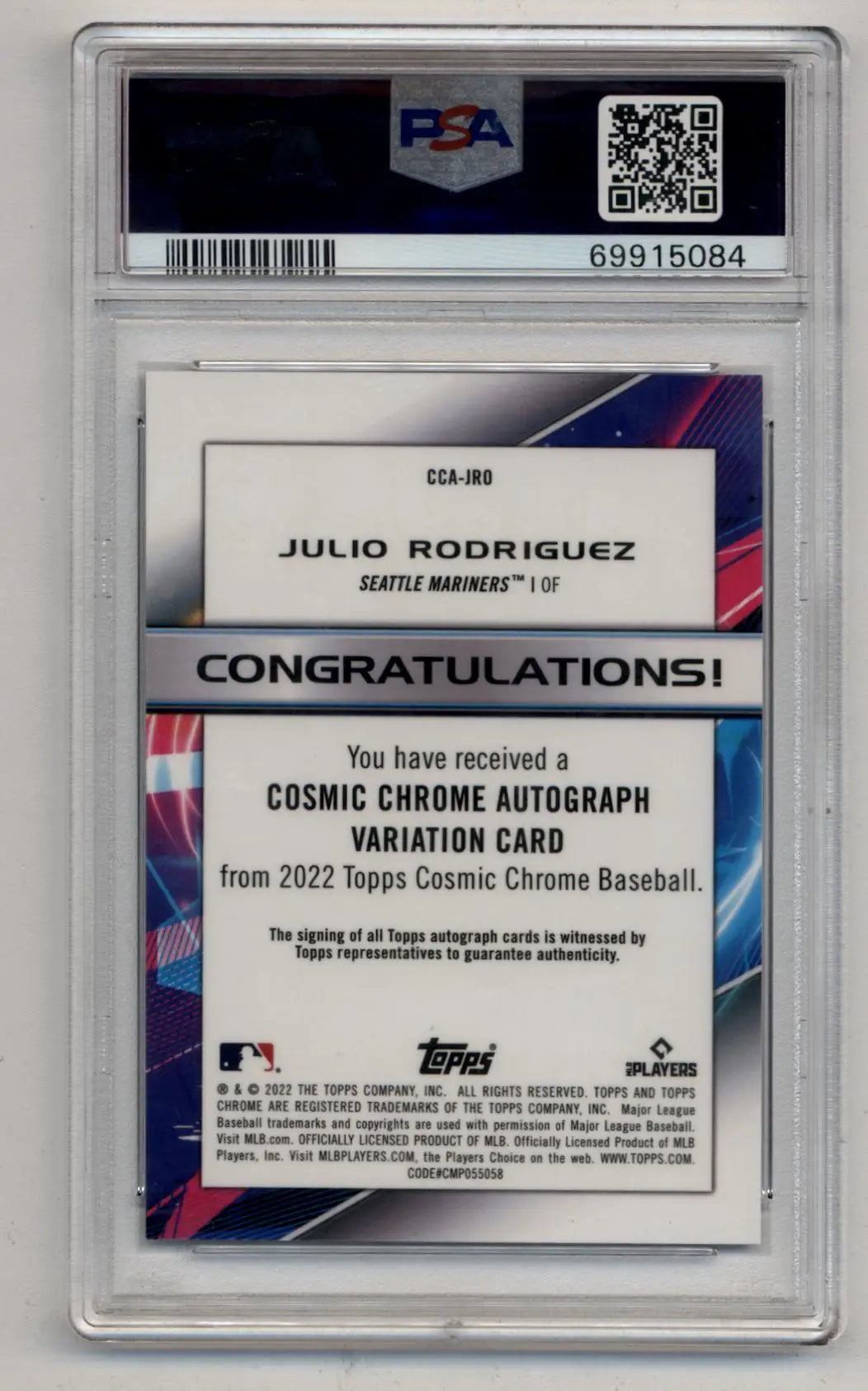 PSA 9 Mint Julio Rodriguez 2022 Topps Cosmic Chrome Auto baseball card for collectors