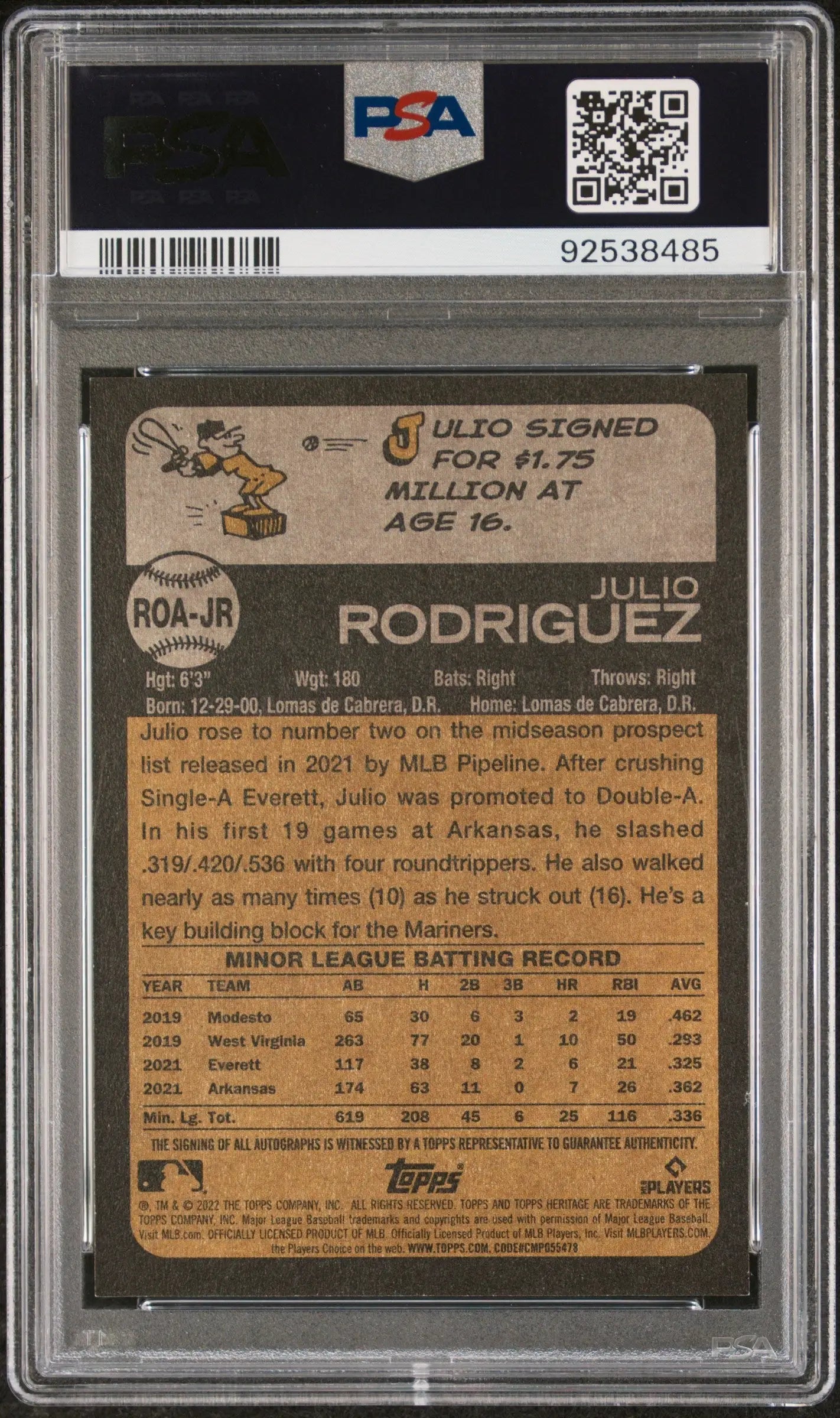 PSA-graded Julio Rodriguez 2022 Topps Heritage Real One Auto in pristine condition