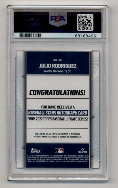 PSA-graded Julio Rodriguez 2022 Topps Update Baseball Stars Red Auto card back with text