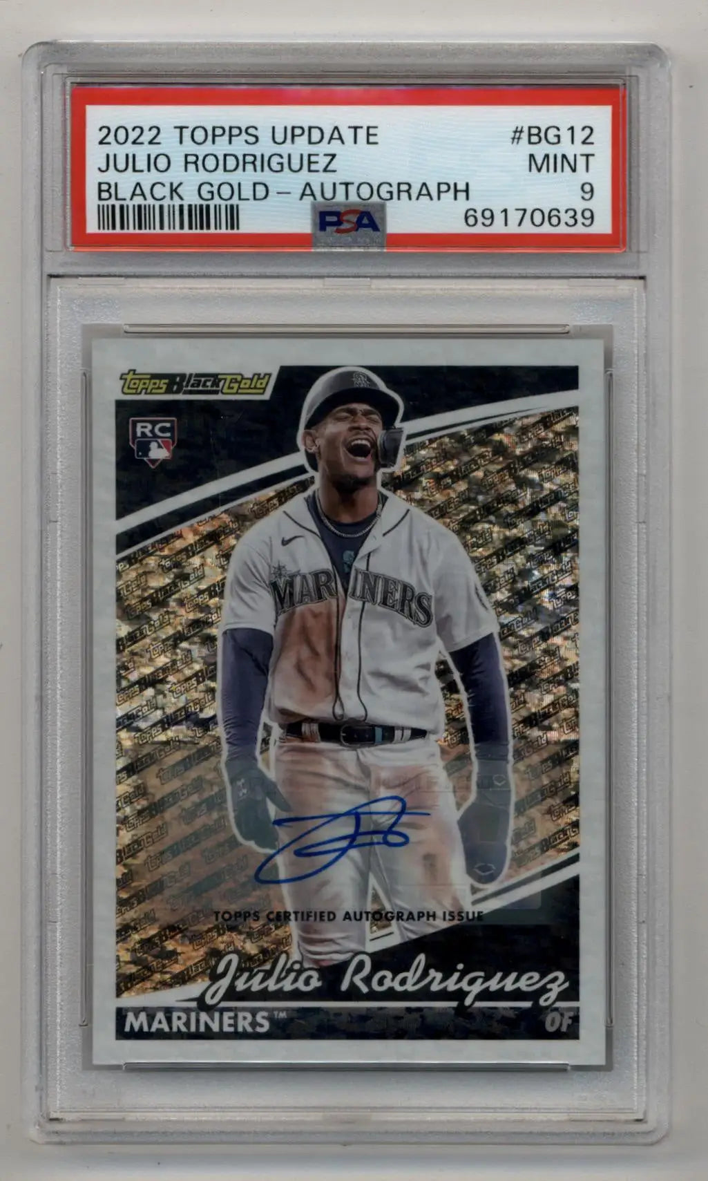 PSA-graded Julio Rodriguez 2022 Topps Update Black Gold Auto 05/10 baseball card