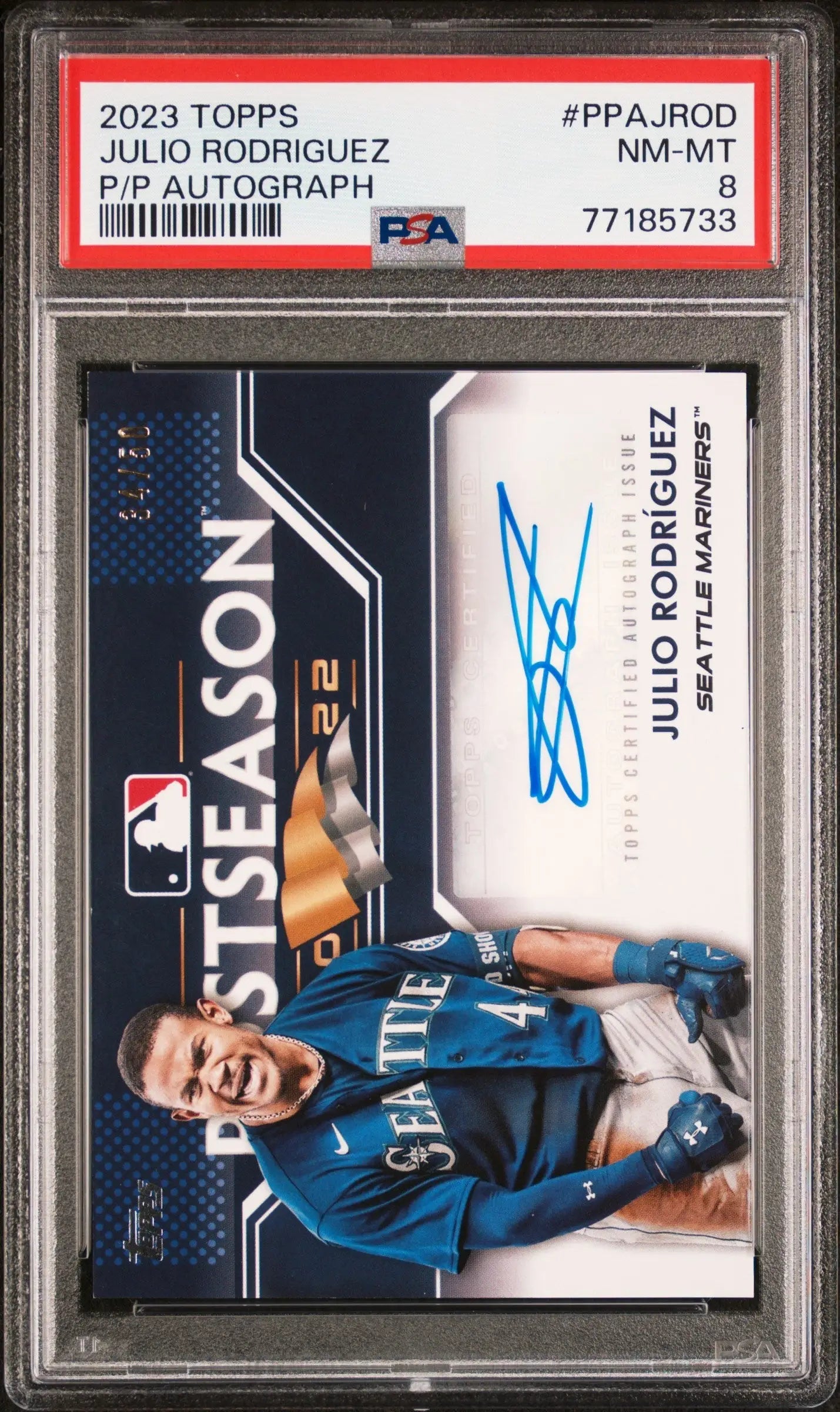 PSA-graded Julio Rodriguez 2023 Topps Postseason Auto with blue autograph, #34/50