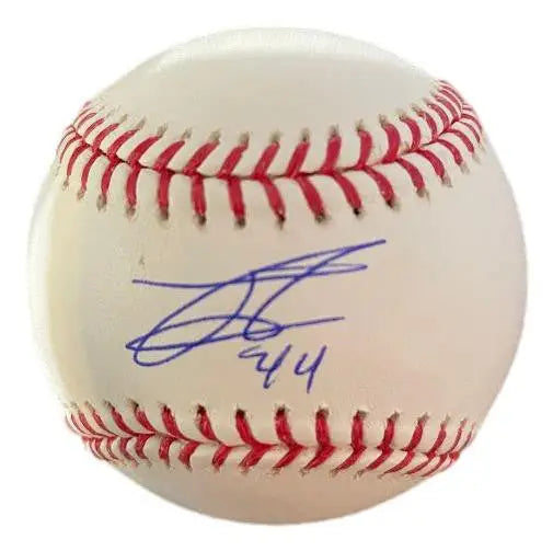 Julio Rodriguez autographed baseball featuring a blue signature and the number 44