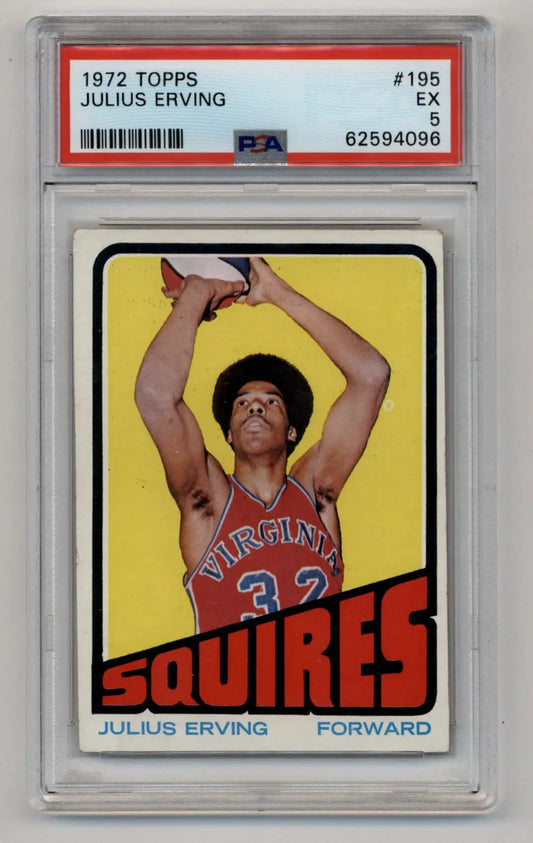 PSA-graded 1972 Topps Julius Erving basketball card with player shooting on yellow background