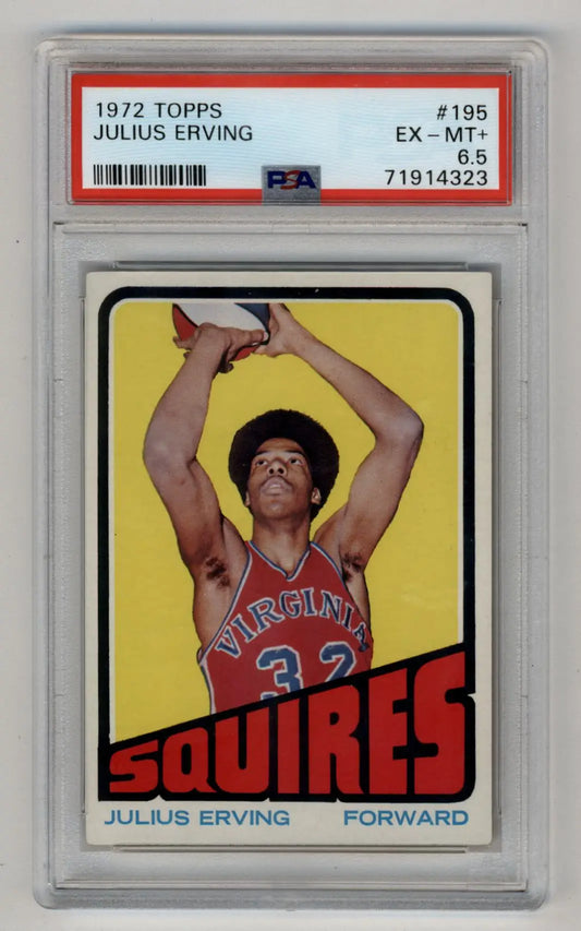 PSA-graded Julius Erving 1972 Topps basketball card in shooting pose with yellow background