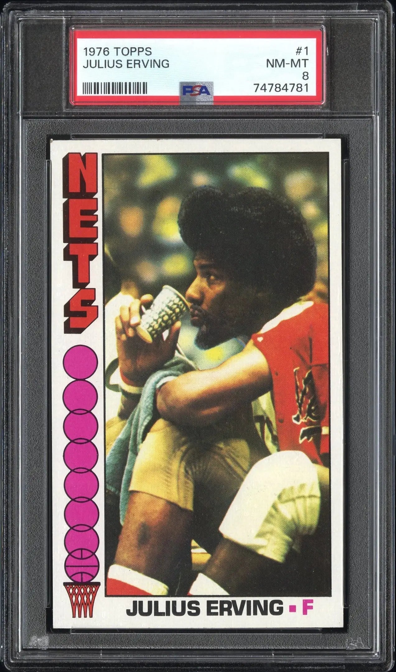 Graded PSA Basketball Card of Julius Erving 1976 Topps #1 in Red Jersey Nm-Mint