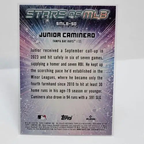 Baseball trading card of Junior Caminero from Topps Series 2 on a cosmic background