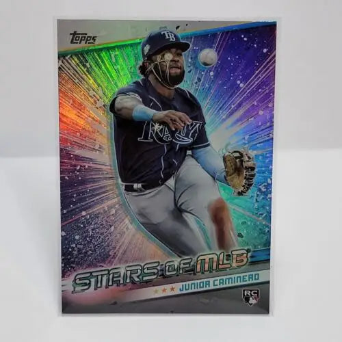 Colorful holographic Junior Caminero trading card from Topps Series 2 featuring Rays uniform