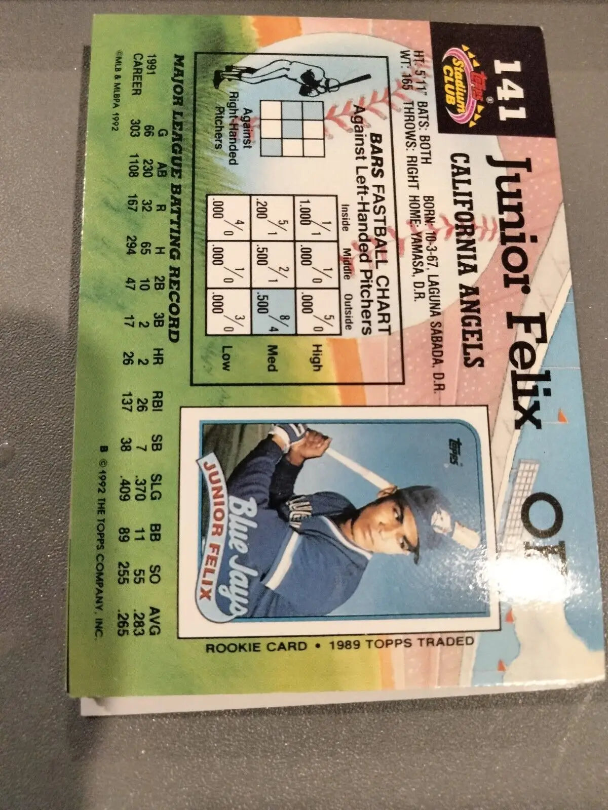 Junior Felix 1992 Stadium Club #141 baseball card featuring California Angels player