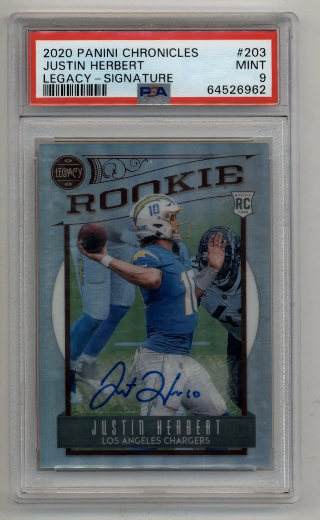 PSA-graded Justin Herbert 2020 Chronicles Legacy Auto rookie card in mint condition