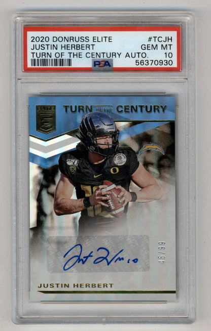 PSA-graded Justin Herbert 2020 Donruss Elite Turn of the Century auto card 14/25