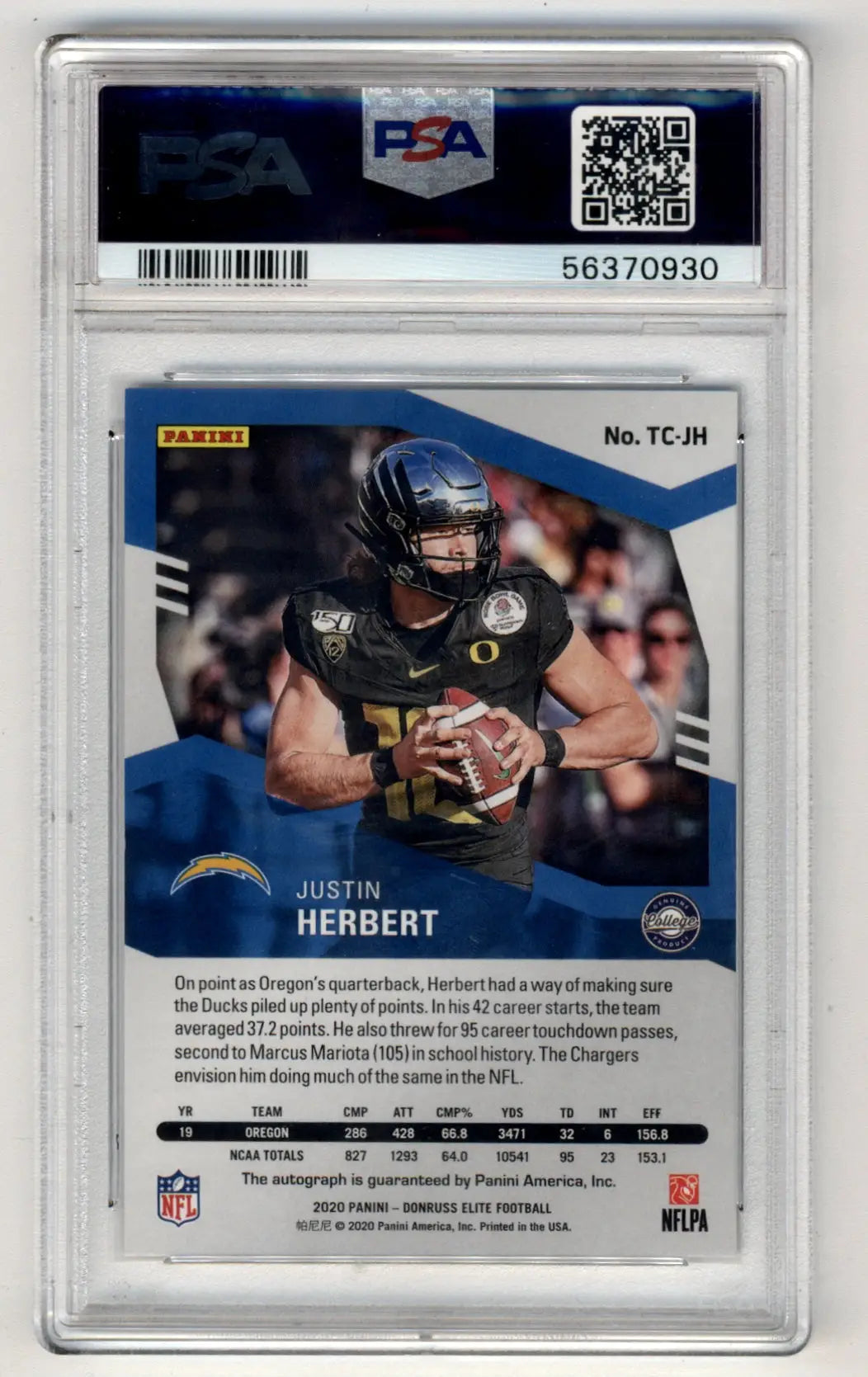 PSA-graded Justin Herbert Donruss Elite Turn of the Century Auto in protective case