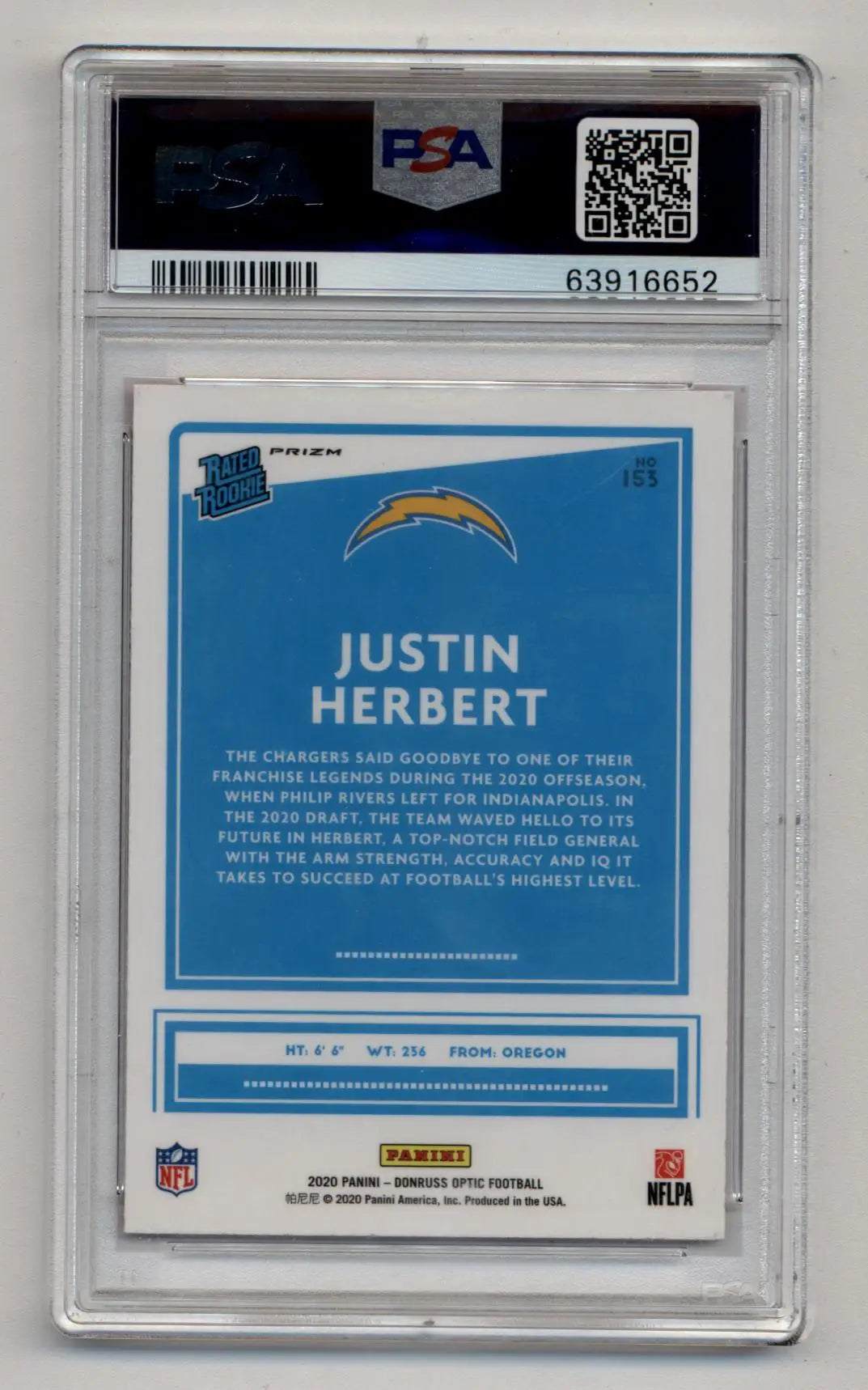 PSA-graded Justin Herbert 2020 Donruss Optic Pink card back with player stats and details