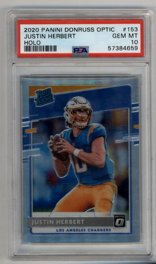 Justin Herbert 2020 Optic Holo #153 PSA 10 Gem Mint Chargers football card in blue and yellow