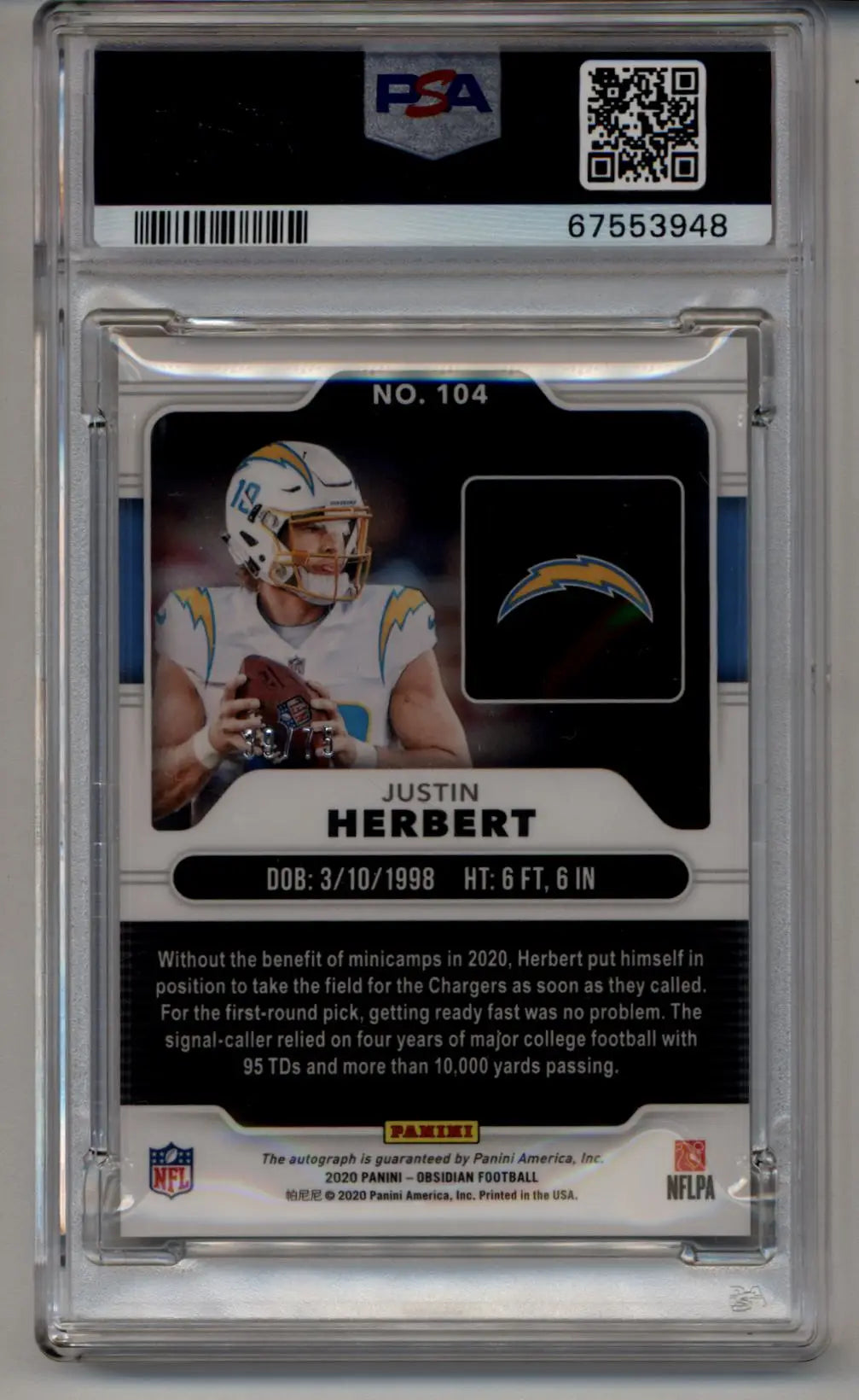 PSA-graded Justin Herbert 2020 Panini Obsidian Rookie Auto Electric Etch Orange Card